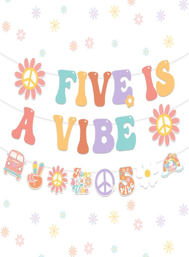 Fangleland Five Is A Vibe 5th Birthday Banner Decorations for 5 Year Old Girl - Boho Hippie Theme Birthday Garland Bunting, Daisy Flower 60s 70s Retro Groovy 5th Bday Party Supplies - Image 1