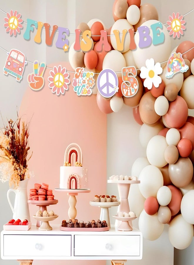 Fangleland Five Is A Vibe 5th Birthday Banner Decorations for 5 Year Old Girl - Boho Hippie Theme Birthday Garland Bunting, Daisy Flower 60s 70s Retro Groovy 5th Bday Party Supplies - Image 2