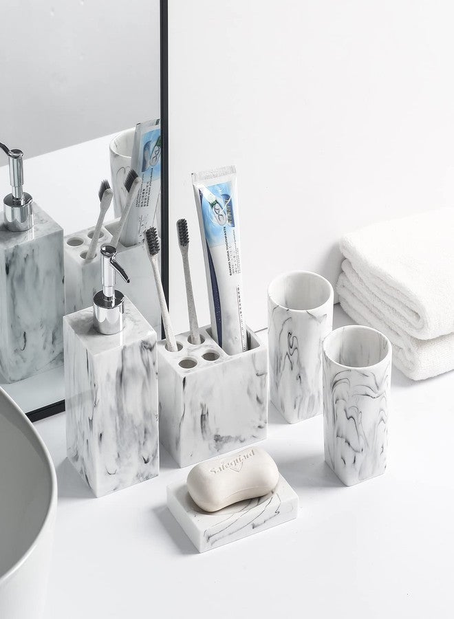 Jung Ford 5-Piece Bathroom Set - Resin Marble Pattern Accessory Kit with Soap Dispenser, Soap Dish, Toothbrush Holder, Tumblers - Image 2