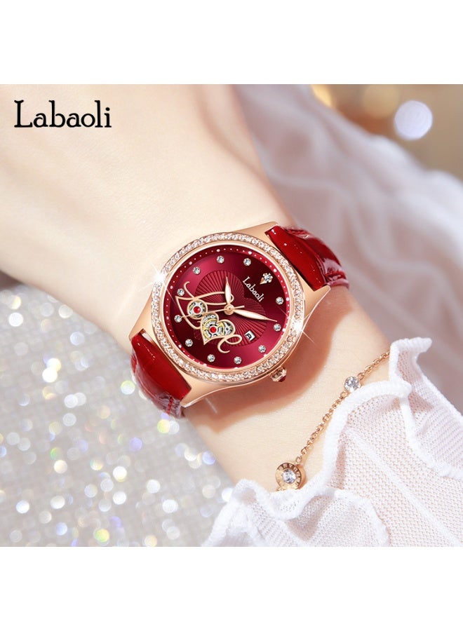 Labaoli Elegant Ladies Waterproof Luminous Wristwatch Hollow LOVE‑Pattern Dial Rose Gold Case Red Leather Band Quartz Watch - Image 3