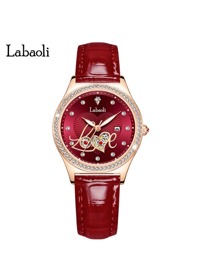 Labaoli Elegant Ladies Waterproof Luminous Wristwatch Hollow LOVE‑Pattern Dial Rose Gold Case Red Leather Band Quartz Watch - Image 1