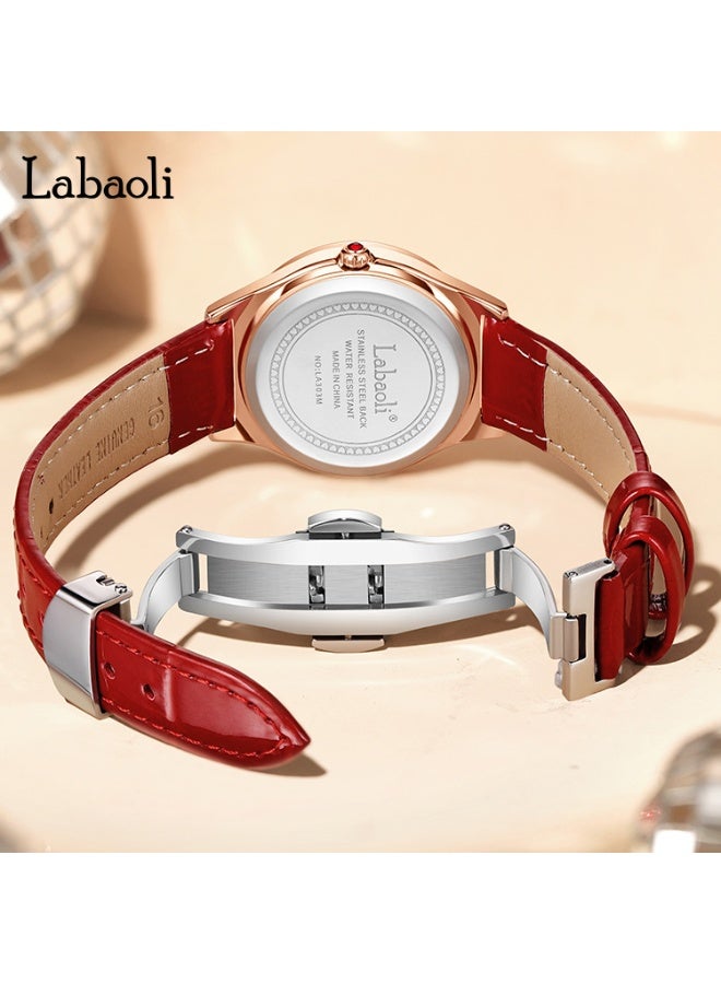 Labaoli Elegant Ladies Waterproof Luminous Wristwatch Hollow LOVE‑Pattern Dial Rose Gold Case Red Leather Band Quartz Watch - Image 4