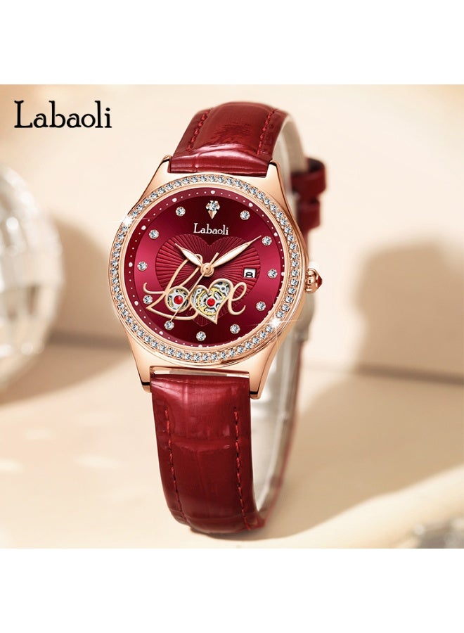 Labaoli Elegant Ladies Waterproof Luminous Wristwatch Hollow LOVE‑Pattern Dial Rose Gold Case Red Leather Band Quartz Watch - Image 2