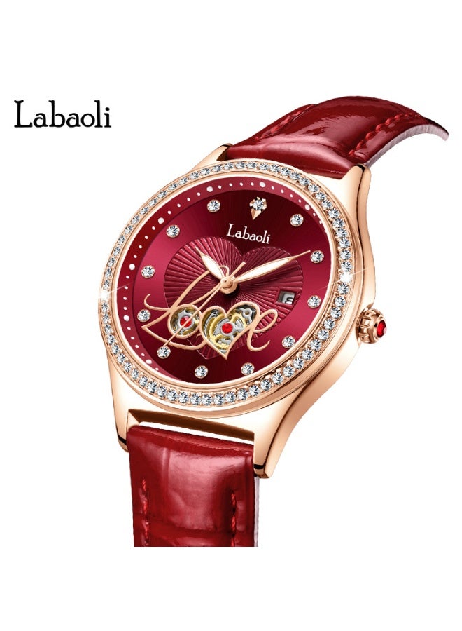Labaoli Elegant Ladies Waterproof Luminous Wristwatch Hollow LOVE‑Pattern Dial Rose Gold Case Red Leather Band Quartz Watch - Image 5