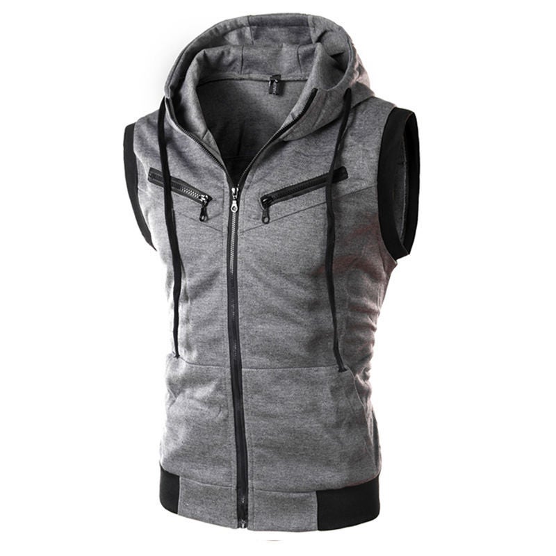 Mens Slim Knit Vest Sleeveless Hoodie Zip-up 2 dark gray 