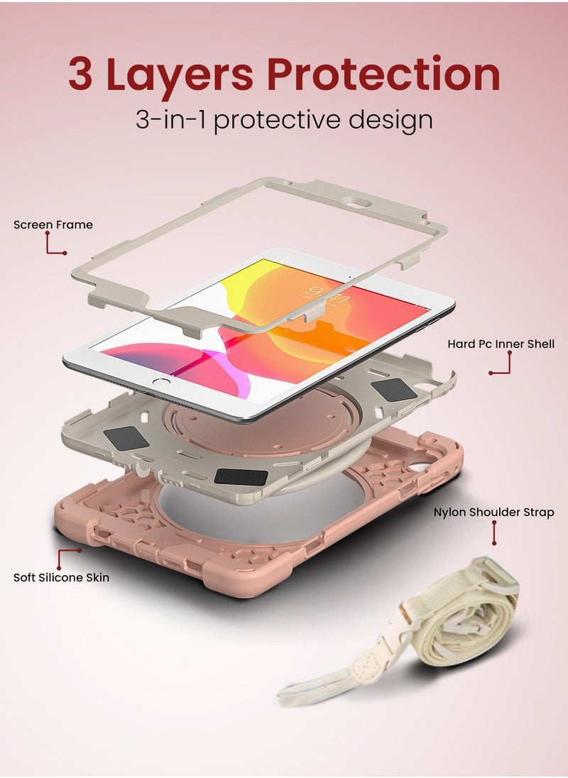 Moxedo Heavy Duty Shockproof Rugged Protective Colorful Case with 360 Rotating Kickstand and Shoulder Strap for Kids Compatible for iPad Mini 4 / 5 -  Rose Gold