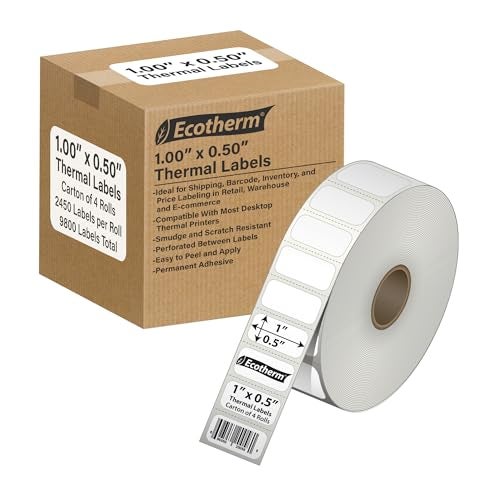 Ecotherm 1" x .5" Thermal Labels | 4 Rolls | 9800 Labels | fits Zebra, Godex, Arkscan, iDPRT, Offnova Thermal Label Printers and More | Blank White Adhesive Stickers by Ecotherm - Image 1