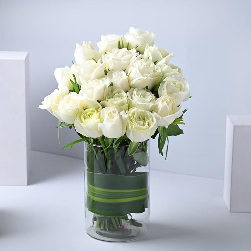 Floweraura FlowerAura Fresh Live Flower Bouquet of 30 White Roses In Glass Vase For Birthday Gift Anniversary Gift Wedding Gift Congratulations Gift Gift For Special Occasions Same Day Delivery  - Image 1