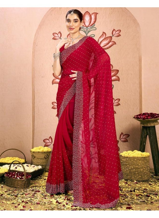 SIRIL Women's Georgette Hot Fixing Stone Work Saree With Unstitched Blouse Piece (4085S188_Red) - Image 5
