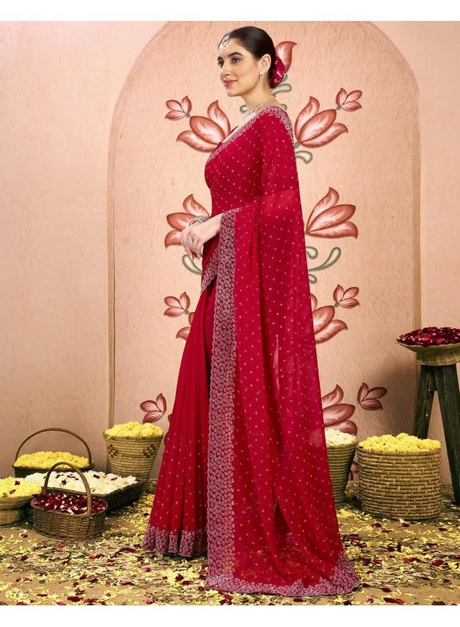 SIRIL Women's Georgette Hot Fixing Stone Work Saree With Unstitched Blouse Piece (4085S188_Red) - Image 4
