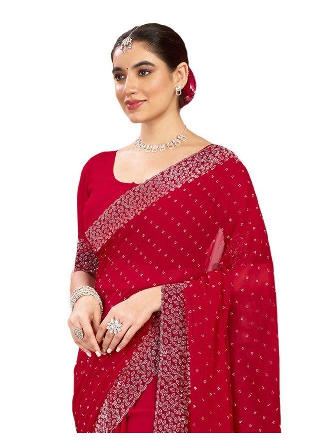 SIRIL Women's Georgette Hot Fixing Stone Work Saree With Unstitched Blouse Piece (4085S188_Red) - Image 1