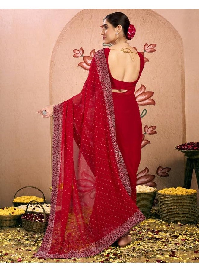 SIRIL Women's Georgette Hot Fixing Stone Work Saree With Unstitched Blouse Piece (4085S188_Red) - Image 2