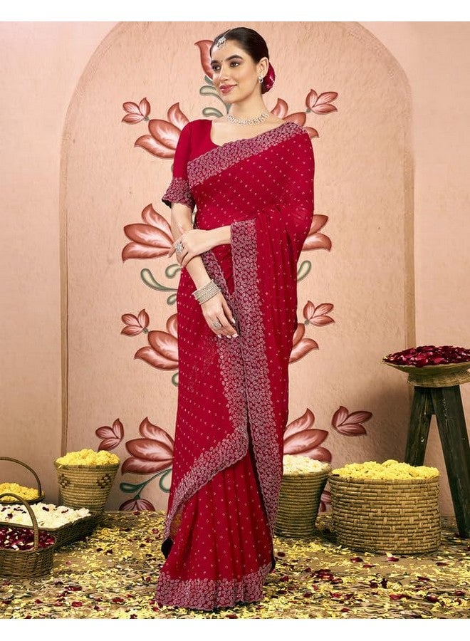 SIRIL Women's Georgette Hot Fixing Stone Work Saree With Unstitched Blouse Piece (4085S188_Red) - Image 3