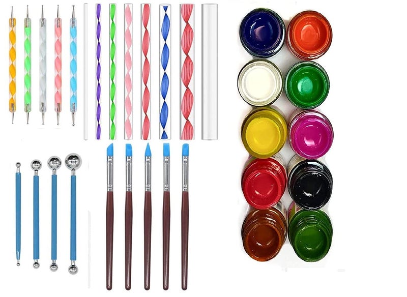 E Shopping 22Pcs Dotting Painting Tools with 10 Fevicryl Acrylic Colors Mandala Set Pen with Stencil Kit for Clay Pottery Craft Painting Rocks Art Drawing Multicolour - Image 1
