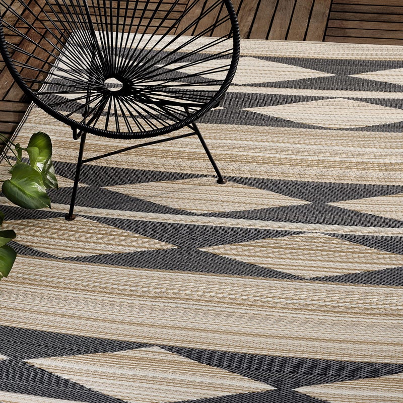 Fab Habitat Outdoor Rug Waterproof Fade Resistant CreaseFree Premium Recycled Plastic Neutral Geometric Tribal Patio Porch Deck Balcony Cairo Natural Black 5 x 8 ft
