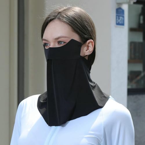 xbuk Traceless Sunscreen Mask，Summer Thin Breathable UV Face Protection Sun Mask，Face Cover with Ear Loops Scarf for Women (Silk Blend, Black) - Image 2