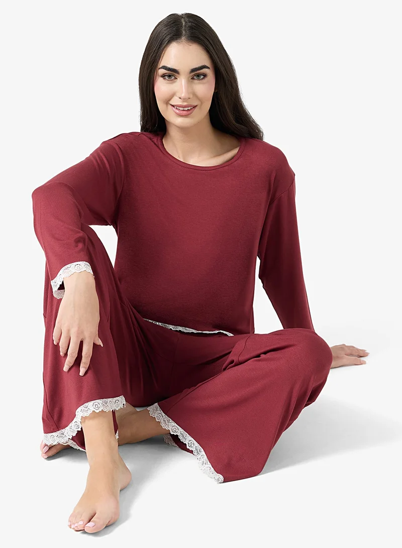 Ginger Lace Detail Soft Oversize Top & Pyjama Set
