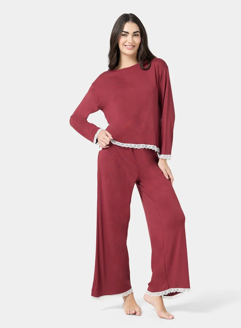 Ginger Lace Detail Soft Oversize Top & Pyjama Set