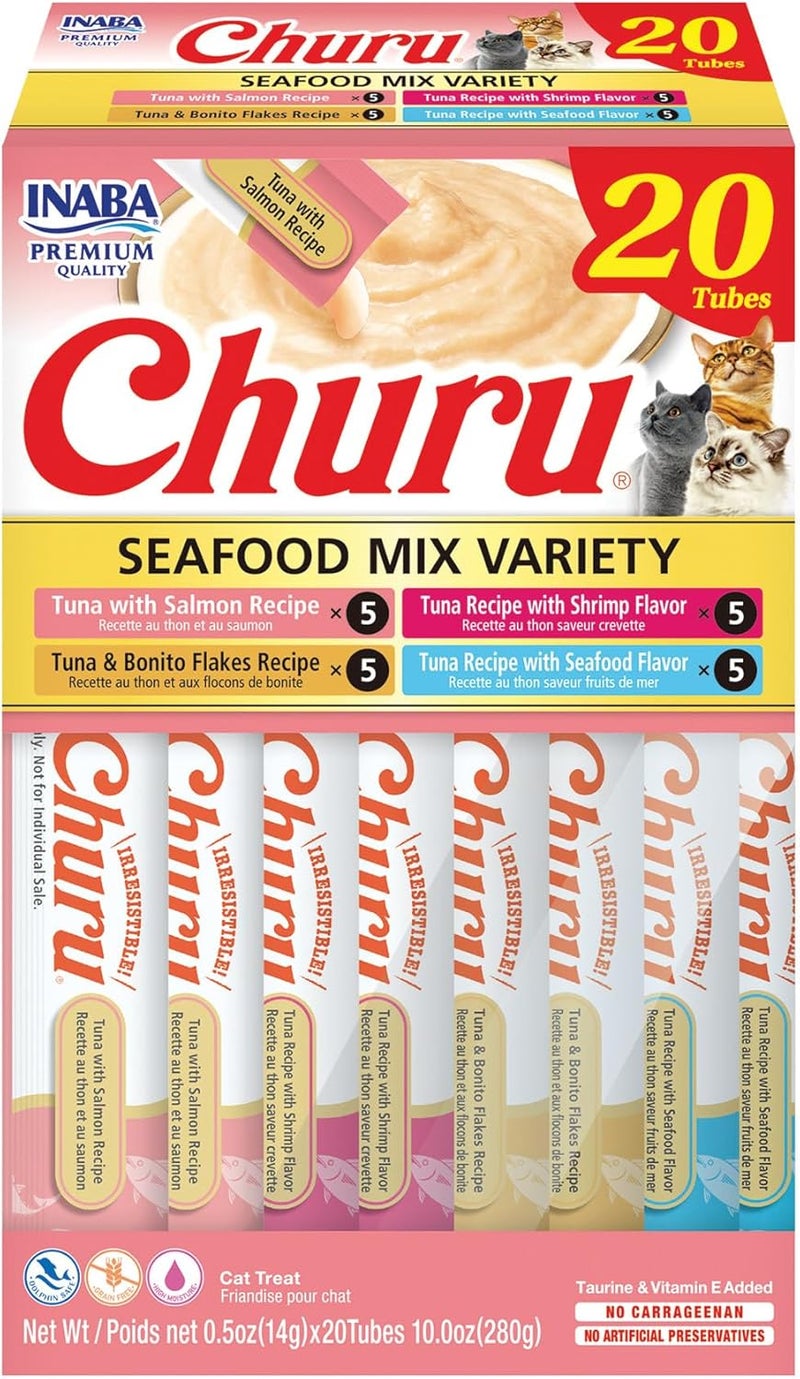 INABA Churu Cat Treats, Grain-Free, Lickable, Squeezable Creamy Purée Cat Treat/Topper with Vitamin E & Taurine, 0.5 Ounces Each Tube, 20 Tubes, Seafood Variety Box - Image 1