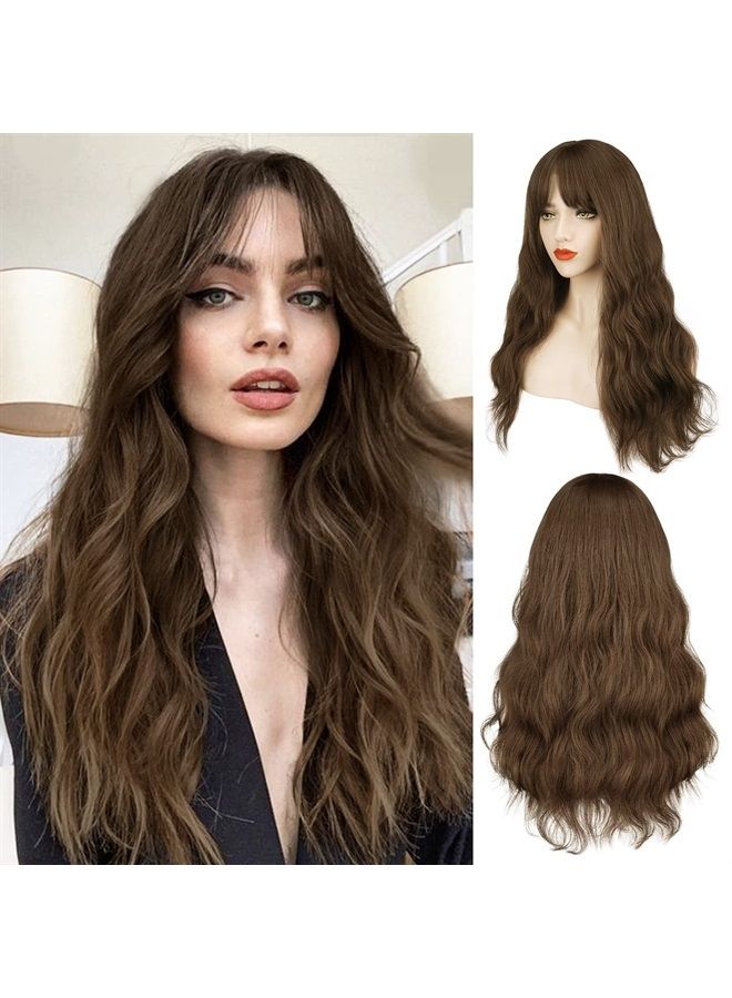 BARSDAR Long Wavy Brown Wig With Bangs, Light Brown Body Wavy Wig With Bangs For Women Hair Replacement Wigs Heat Resistant Synthetic For Daily Use Party Cosplay Halloween-26'', Light Chocolate Brown - Image 1