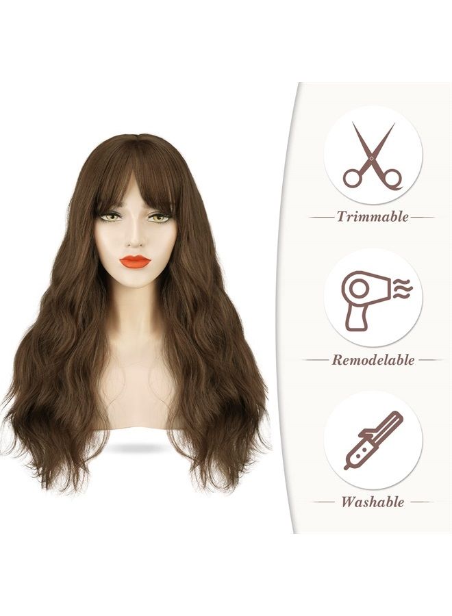 BARSDAR Long Wavy Brown Wig With Bangs, Light Brown Body Wavy Wig With Bangs For Women Hair Replacement Wigs Heat Resistant Synthetic For Daily Use Party Cosplay Halloween-26'', Light Chocolate Brown - Image 2