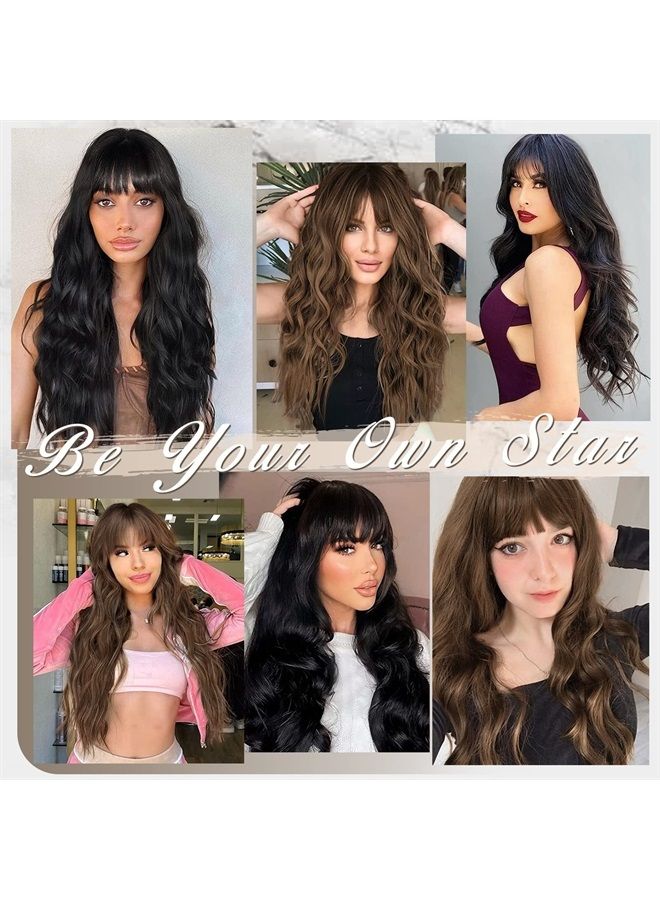 BARSDAR Long Wavy Brown Wig With Bangs, Light Brown Body Wavy Wig With Bangs For Women Hair Replacement Wigs Heat Resistant Synthetic For Daily Use Party Cosplay Halloween-26'', Light Chocolate Brown - Image 5
