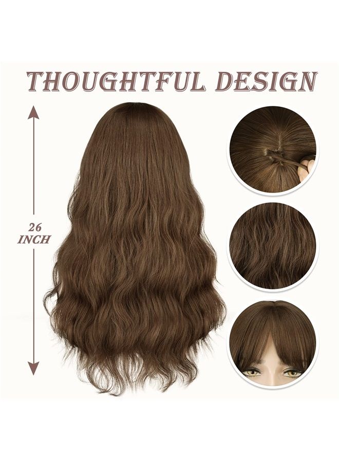 BARSDAR Long Wavy Brown Wig With Bangs, Light Brown Body Wavy Wig With Bangs For Women Hair Replacement Wigs Heat Resistant Synthetic For Daily Use Party Cosplay Halloween-26'', Light Chocolate Brown - Image 4