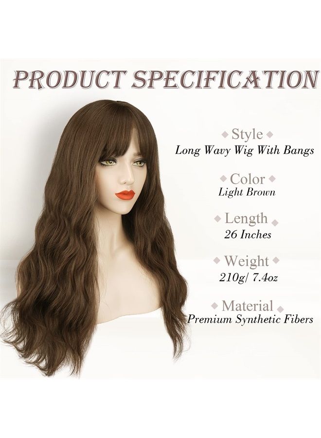 BARSDAR Long Wavy Brown Wig With Bangs, Light Brown Body Wavy Wig With Bangs For Women Hair Replacement Wigs Heat Resistant Synthetic For Daily Use Party Cosplay Halloween-26'', Light Chocolate Brown - Image 3