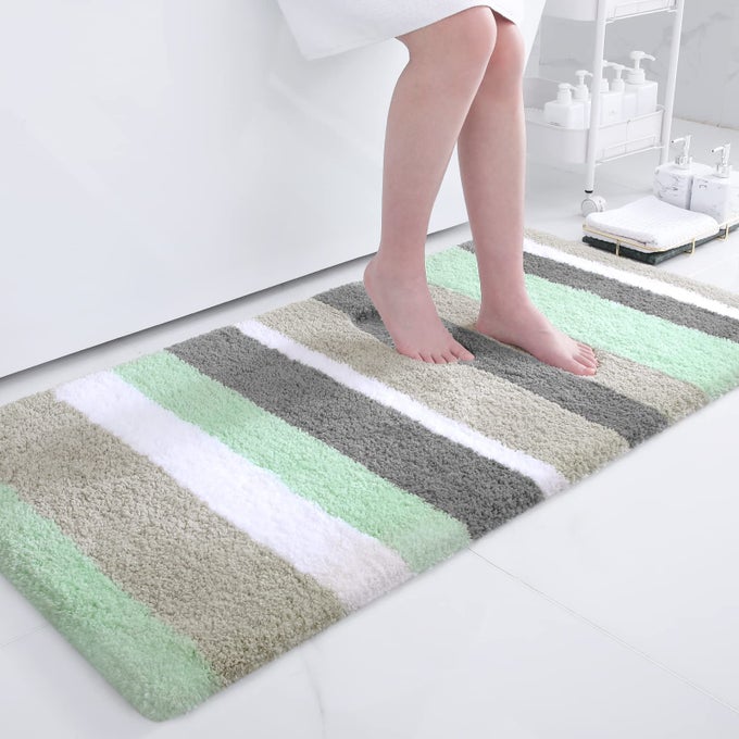 MICROFIBER STRIPED BATHROOM RUGS BATH MAT EXTRA THICK SOFT AND SHAGGY ABSORBENT MACHINE WASHABLE ANTISLIP BATH RUGS FOR BATHROOM TUB AND SHOWER 47X24 GREENGREY