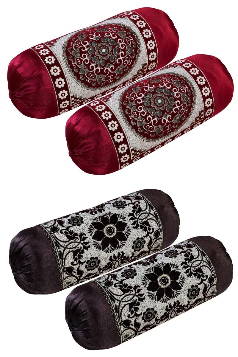 HSR Collection Premium Chennile Luxury Bolster Cover, Maroon & Coffee - 4 Pieces - Image 1