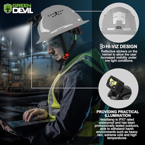 GREEN DEVIL Matrix Full Brim Hard Hat with Headlight Vented Construction Safety Helmet OSHA Approved Cascos De Construccion Work Hardhat for Men&Women - Image 3