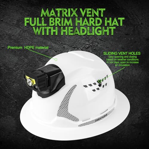 GREEN DEVIL Matrix Full Brim Hard Hat with Headlight Vented Construction Safety Helmet OSHA Approved Cascos De Construccion Work Hardhat for Men&Women - Image 2