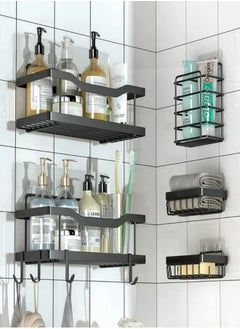 FPC 5 Pack Shower Caddy, Adhesive Bathroom Organizer, No Drilling, Large Capacity, Rustproof Stainless Steel Bathroom Shower Organizer with 4 Hooks, Shower Shelf for Inside Shower Black  - Image 1