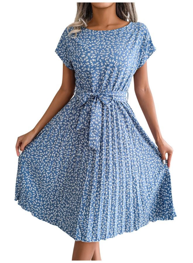 Tepveisoy Women's Summer Round Neck Casual Fashion Printed Pullover Dress Short-Sleeved Floral Pleated Skirt dress  - Image 1