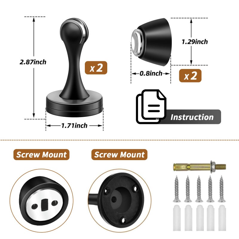 KOLAKO Door Stopper, Magnetic Door Stops, Brushed Satin Nickel, 2 Pack Wall Floor Mounted Black Magnetic Door Catch Holder, Stainless Steel Soft-Catch Doorstop Without Adhesive Tape - Image 2