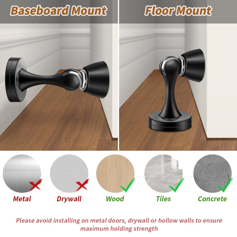 KOLAKO Door Stopper, Magnetic Door Stops, Brushed Satin Nickel, 2 Pack Wall Floor Mounted Black Magnetic Door Catch Holder, Stainless Steel Soft-Catch Doorstop Without Adhesive Tape - Image 4