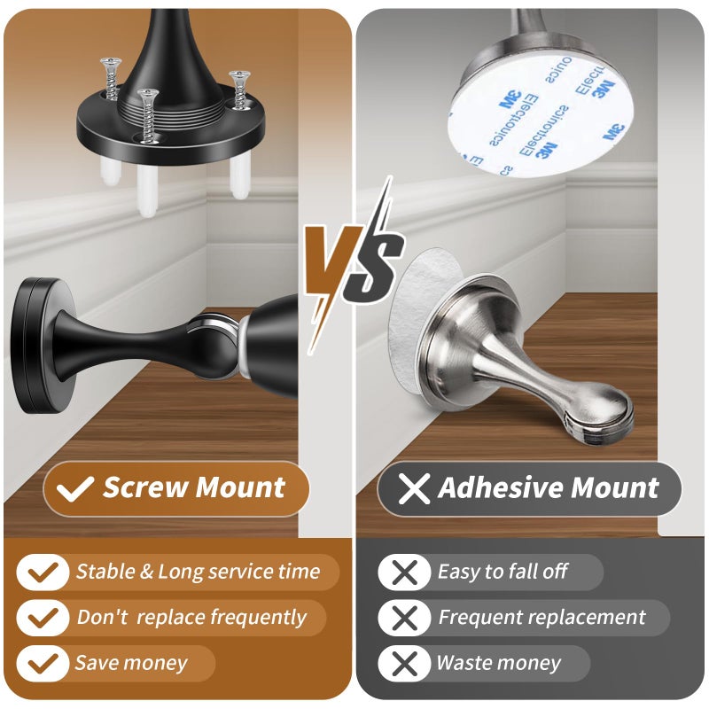 KOLAKO Door Stopper, Magnetic Door Stops, Brushed Satin Nickel, 2 Pack Wall Floor Mounted Black Magnetic Door Catch Holder, Stainless Steel Soft-Catch Doorstop Without Adhesive Tape - Image 5
