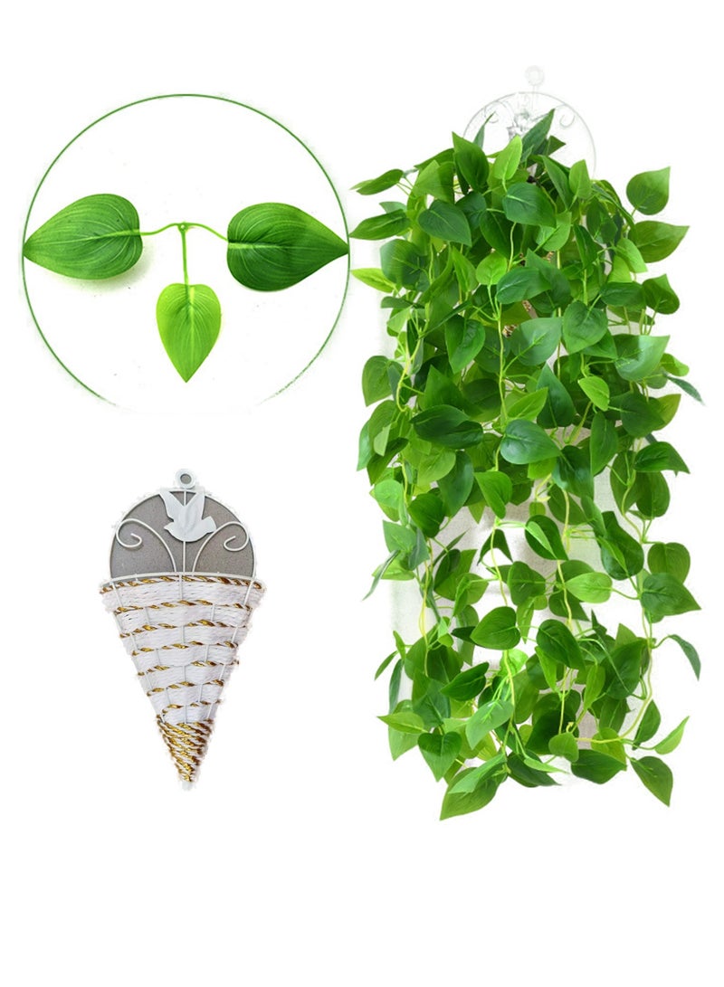 Splendors Artificial Hanging Green Vine Plant in Triangle Basket with Realistic Faux Green Leaves Fake Plant Decoration for Home and Office Indoor Outdoor Garden Shelf Living Room - Image 1