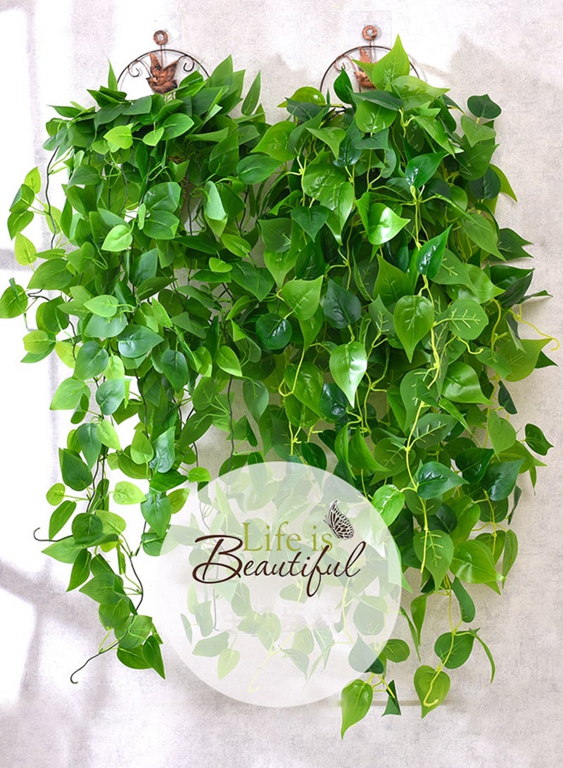 Splendors Artificial Hanging Green Vine Plant in Triangle Basket with Realistic Faux Green Leaves Fake Plant Decoration for Home and Office Indoor Outdoor Garden Shelf Living Room - Image 2
