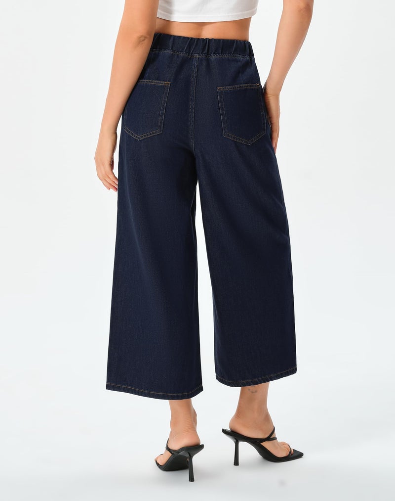 roswear Women's Capri Jeans Wide Leg Elastic Waist with Drawstring Cropped Culottes Pants Classic Blue Large - Image 2