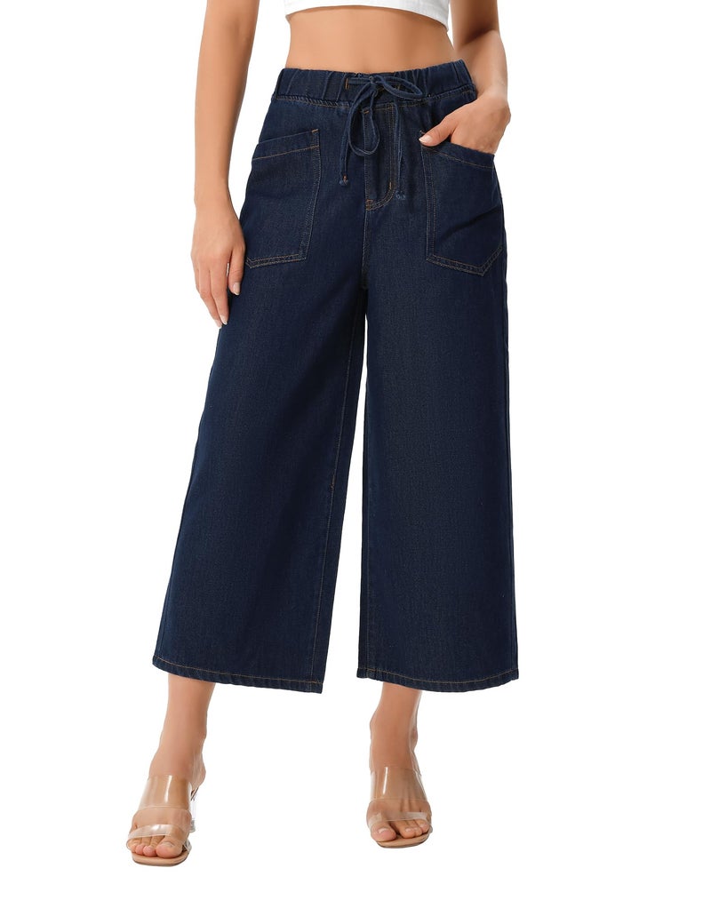 roswear Women's Capri Jeans Wide Leg Elastic Waist with Drawstring Cropped Culottes Pants Classic Blue Large - Image 1