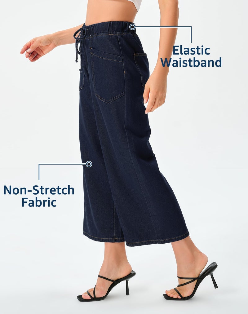 roswear Women's Capri Jeans Wide Leg Elastic Waist with Drawstring Cropped Culottes Pants Classic Blue Large - Image 4