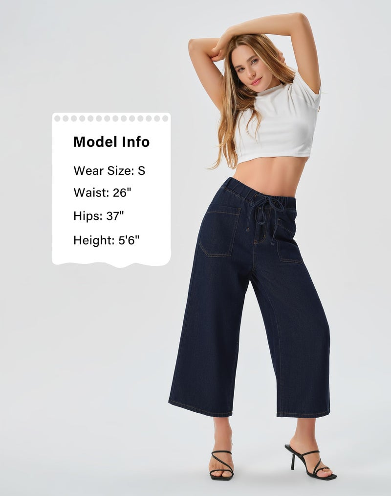roswear Women's Capri Jeans Wide Leg Elastic Waist with Drawstring Cropped Culottes Pants Classic Blue Large - Image 5