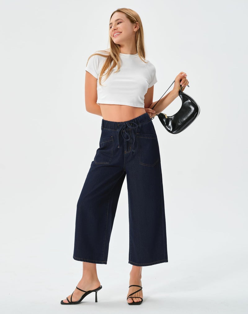 roswear Women's Capri Jeans Wide Leg Elastic Waist with Drawstring Cropped Culottes Pants Classic Blue Large - Image 3