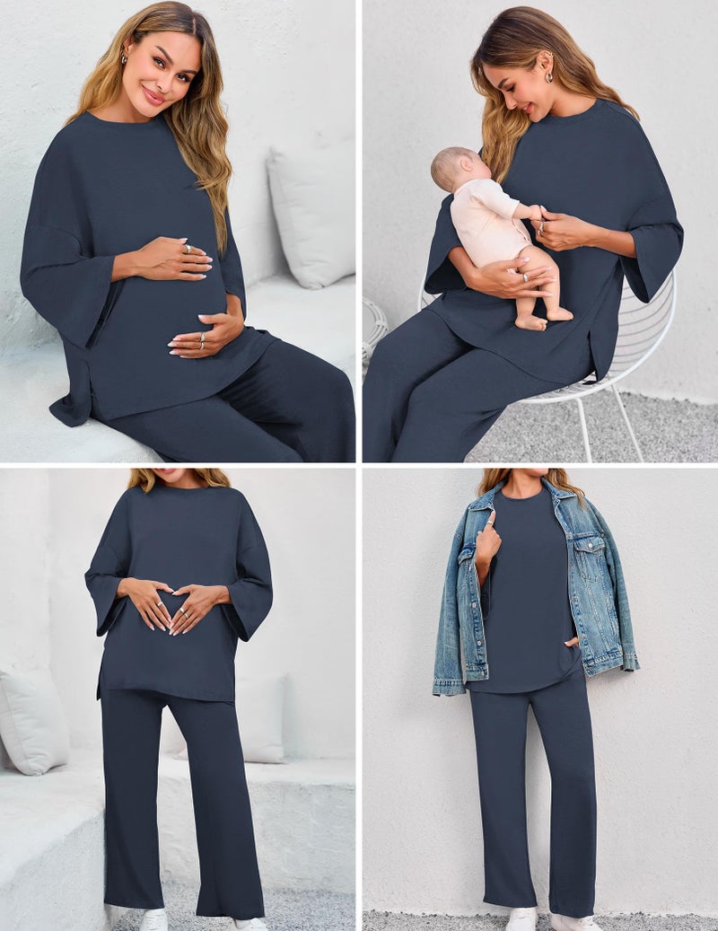 FMEYOA Women Maternity Lounge Set Nursing Pjs Pregnancy Set Breastfeeding Pjs with Pockets Dark Blue M - Image 2
