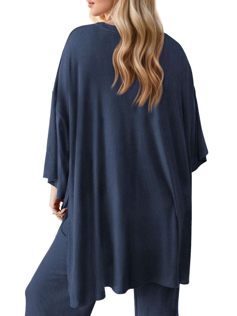 FMEYOA Women Maternity Lounge Set Nursing Pjs Pregnancy Set Breastfeeding Pjs with Pockets Dark Blue M - Image 4