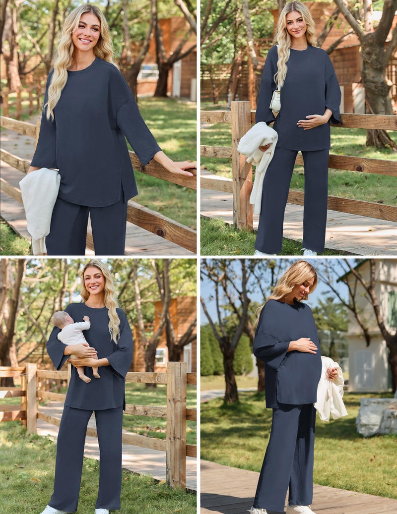 FMEYOA Women Maternity Lounge Set Nursing Pjs Pregnancy Set Breastfeeding Pjs with Pockets Dark Blue M - Image 3