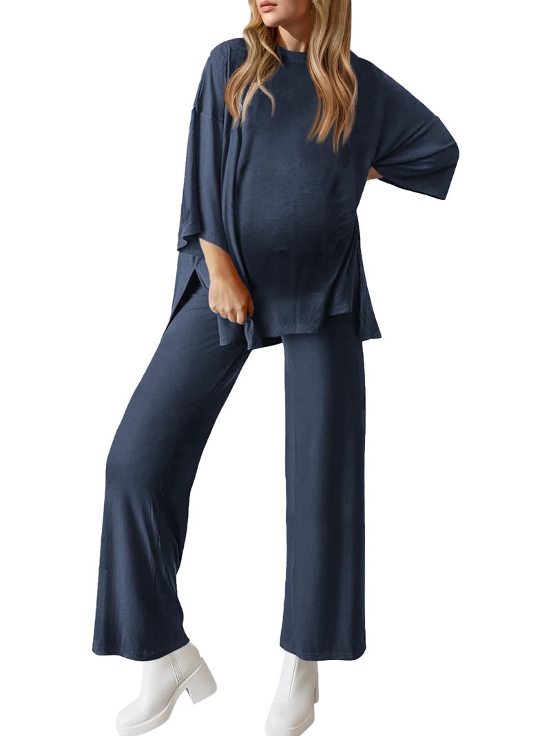 FMEYOA Women Maternity Lounge Set Nursing Pjs Pregnancy Set Breastfeeding Pjs with Pockets Dark Blue M - Image 1