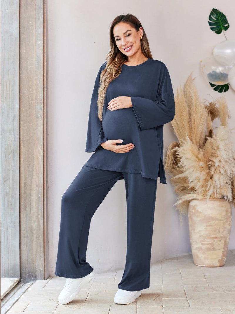 FMEYOA Women Maternity Lounge Set Nursing Pjs Pregnancy Set Breastfeeding Pjs with Pockets Dark Blue M - Image 5