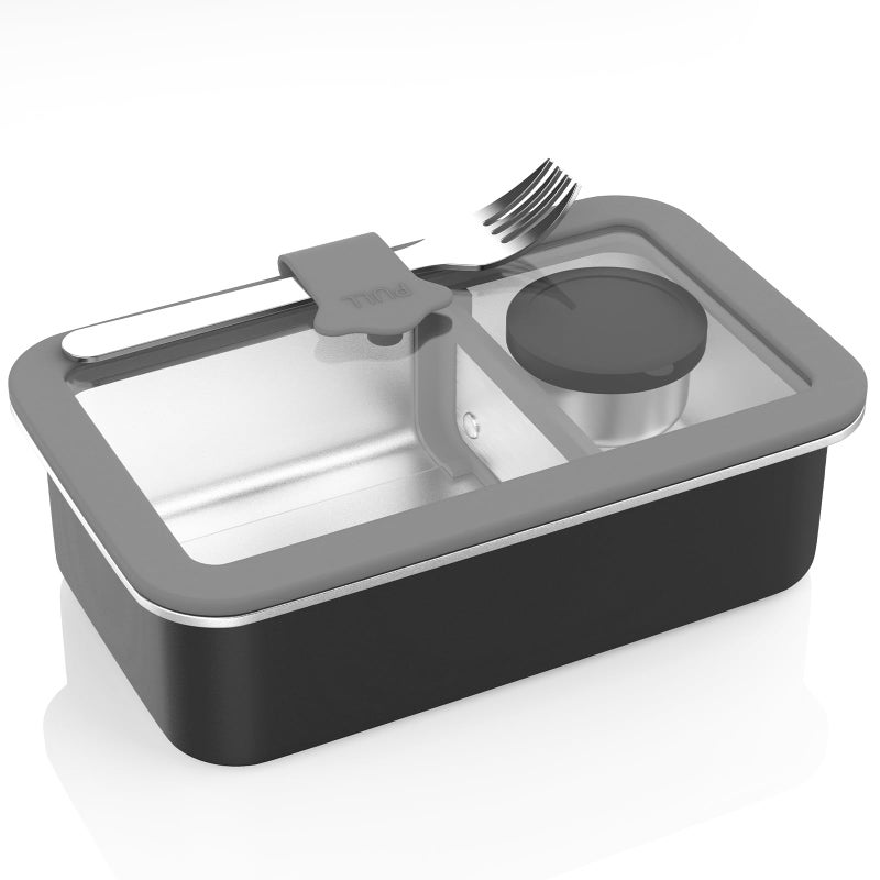 Stainless Steel Bento Box for Adult 42oz LeakProof Lunch Box Containers with Adjustable Divider MicrowaveSafe Metal Lunchbox with Glass Lid for Work Travel Black